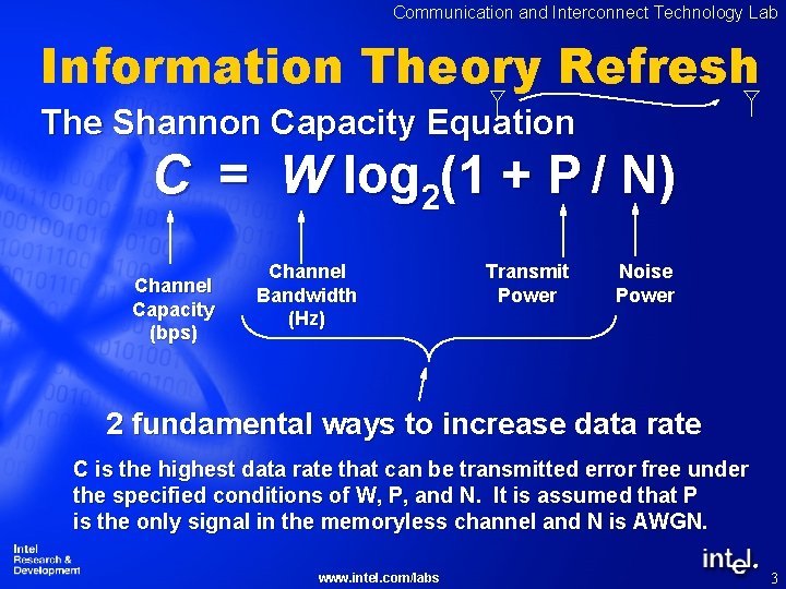 Communication and Interconnect Technology Lab Information Theory Refresh The Shannon Capacity Equation C =