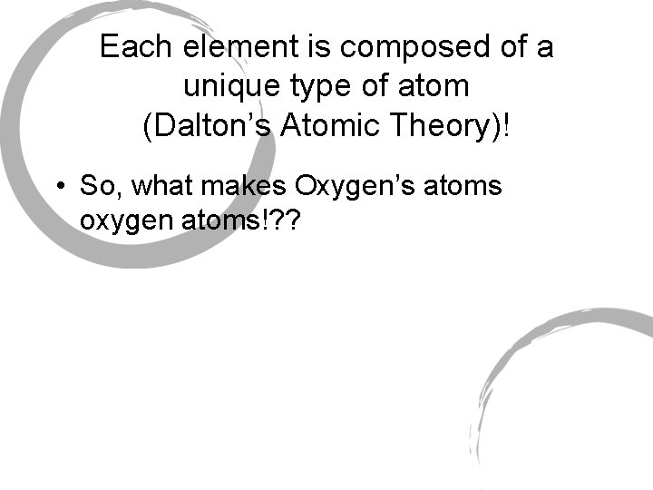 Each element is composed of a unique type of atom (Dalton’s Atomic Theory)! • Each element is composed of a unique type of atom (Dalton’s Atomic Theory)! •