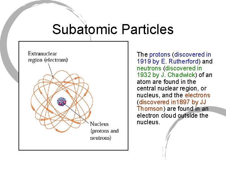 Subatomic Particles The protons (discovered in 1919 by E. Rutherford) and neutrons (discovered in