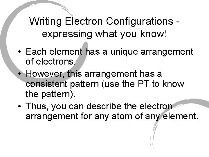 Writing Electron Configurations expressing what you know! • Each element has a unique arrangement Writing Electron Configurations expressing what you know! • Each element has a unique arrangement