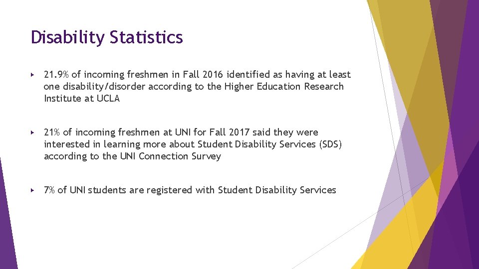 Disability Statistics ▶ 21. 9% of incoming freshmen in Fall 2016 identified as having