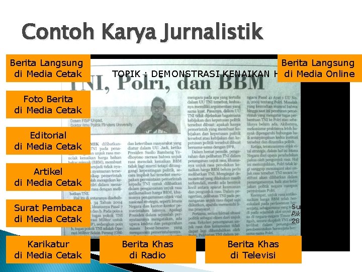Contoh Karya Jurnalistik Berita Langsung di Media Cetak Berita Langsung di Media TOPIK :