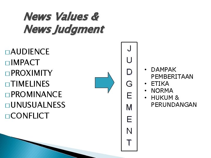 News Values & News Judgment � AUDIENCE � IMPACT � PROXIMITY � TIMELINES �