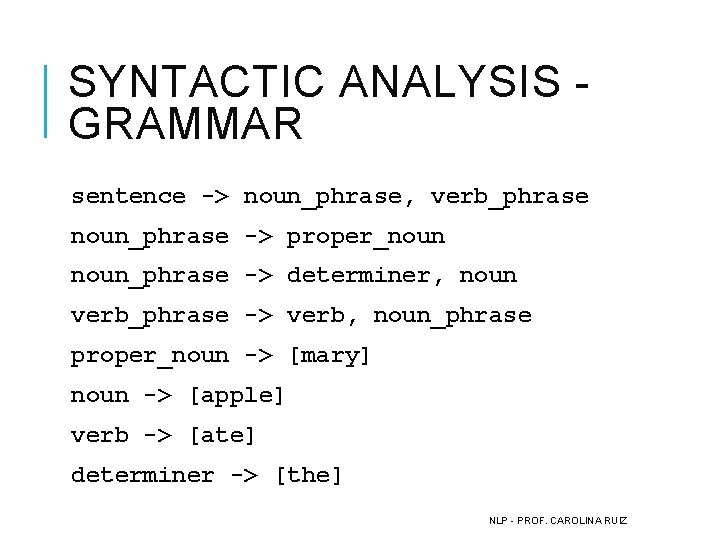 SYNTACTIC ANALYSIS - GRAMMAR sentence -> noun_phrase, verb_phrase noun_phrase -> proper_noun_phrase -> determiner, noun