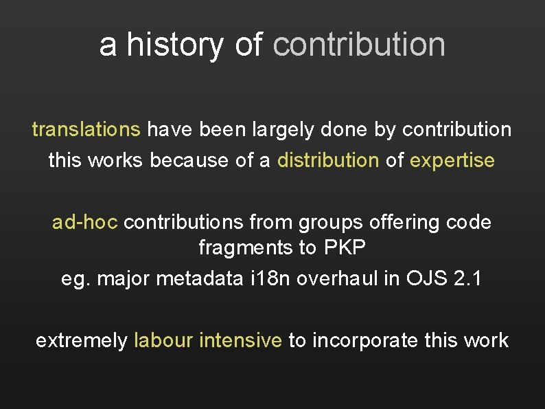 a history of contribution translations have been largely done by contribution this works because