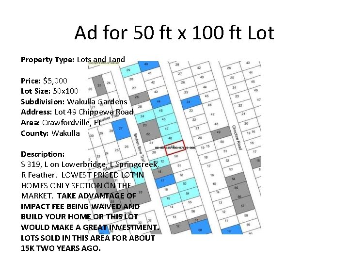 Ad for 50 ft x 100 ft Lot Property Type: Lots and Land Price: