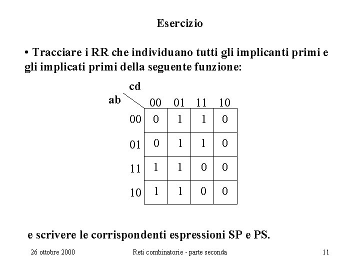 Esercizio • Tracciare i RR che individuano tutti gli implicanti primi e gli implicati