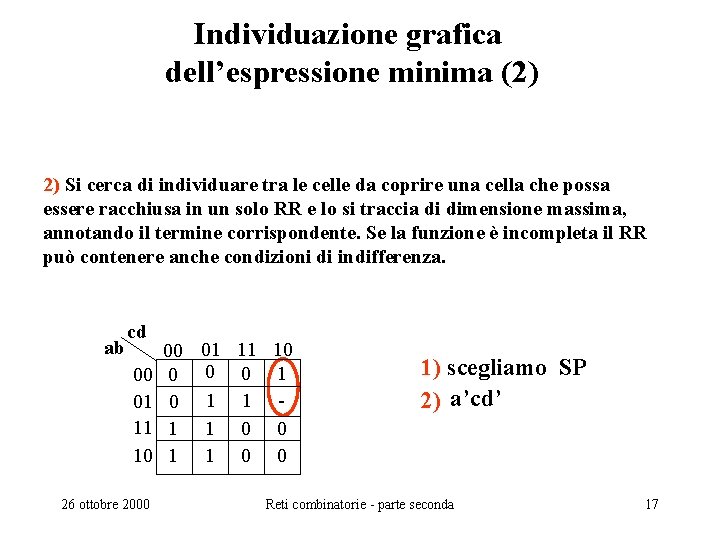 Individuazione grafica dell’espressione minima (2) 2) Si cerca di individuare tra le celle da