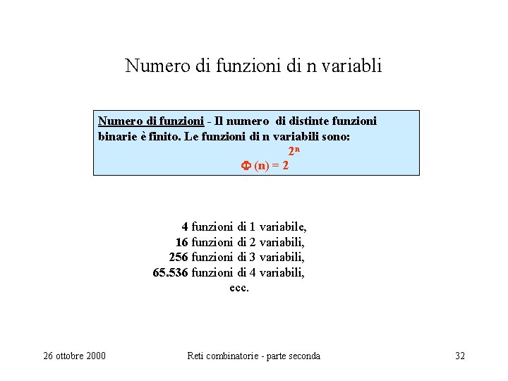 Numero di funzioni di n variabli Numero di funzioni - Il numero di distinte