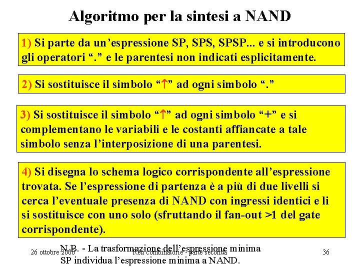 Algoritmo per la sintesi a NAND 1) Si parte da un’espressione SP, SPSP. .