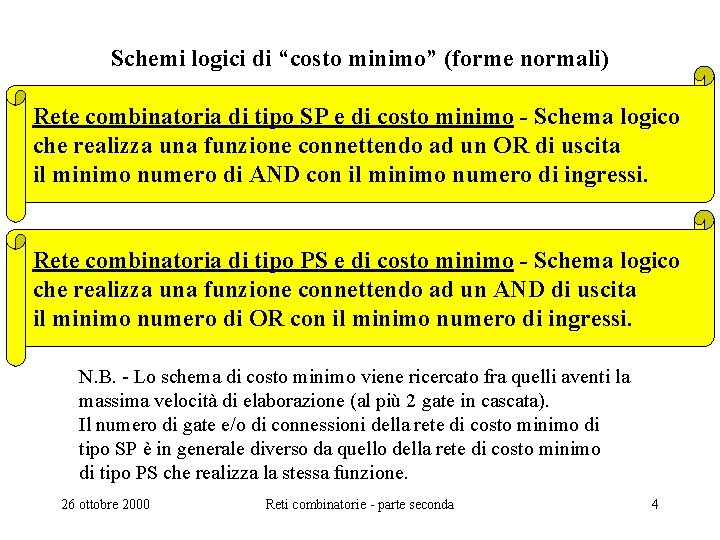 Schemi logici di “costo minimo” (forme normali) Rete combinatoria di tipo SP e di