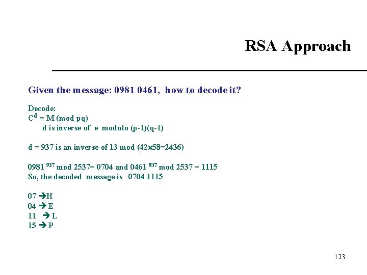 RSA Approach Given the message: 0981 0461, how to decode it? Decode: Cd = RSA Approach Given the message: 0981 0461, how to decode it? Decode: Cd =