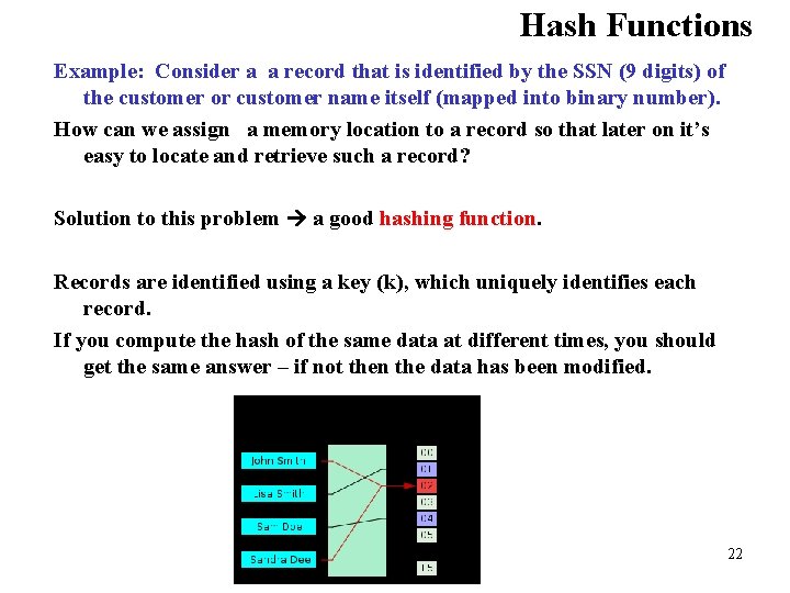 Hash Functions Example: Consider a a record that is identified by the SSN (9 Hash Functions Example: Consider a a record that is identified by the SSN (9