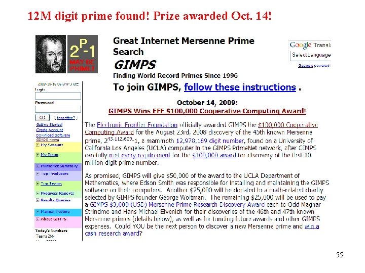 12 M digit prime found! Prize awarded Oct. 14! 55 