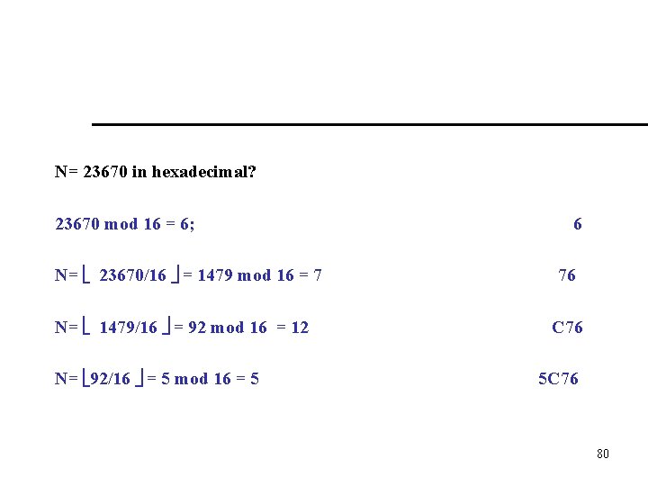 N= 23670 in hexadecimal? 23670 mod 16 = 6; N= 23670/16 = 1479 mod