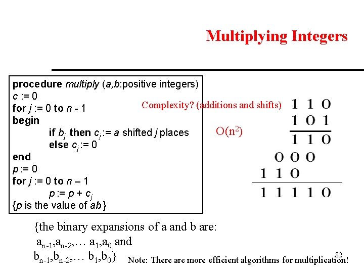 Multiplying Integers procedure multiply (a, b: positive integers) c : = 0 Complexity? (additions