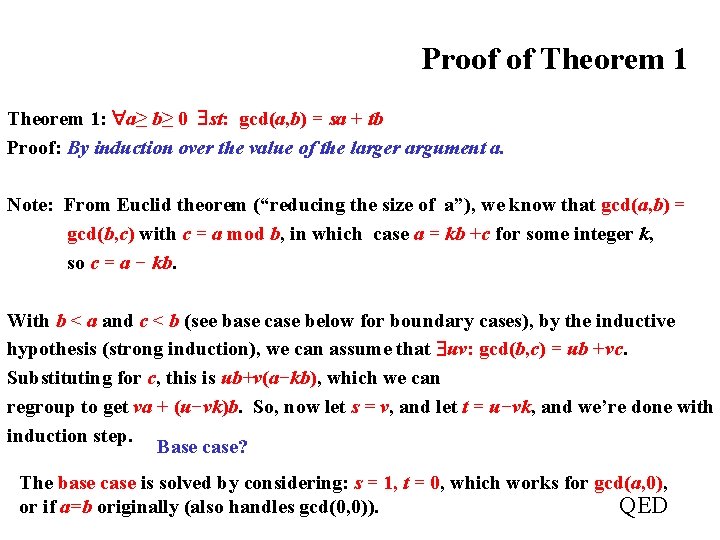 Proof of Theorem 1: a≥ b≥ 0 st: gcd(a, b) = sa + tb Proof of Theorem 1: a≥ b≥ 0 st: gcd(a, b) = sa + tb
