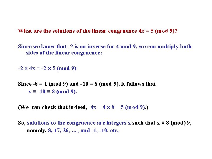 What are the solutions of the linear congruence 4 x ≡ 5 (mod 9)?