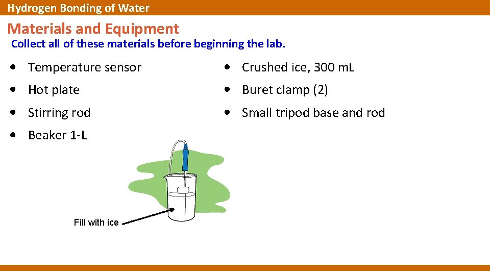 Hydrogen Bonding of Water Materials and Equipment Collect all of these materials before beginning