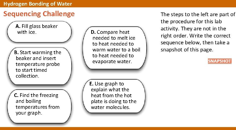 Hydrogen Bonding of Water Sequencing Challenge A. Fill glass beaker with ice. B. Start