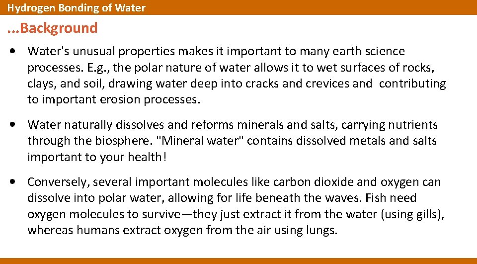 Hydrogen Bonding of Water . . . Background • Water's unusual properties makes it