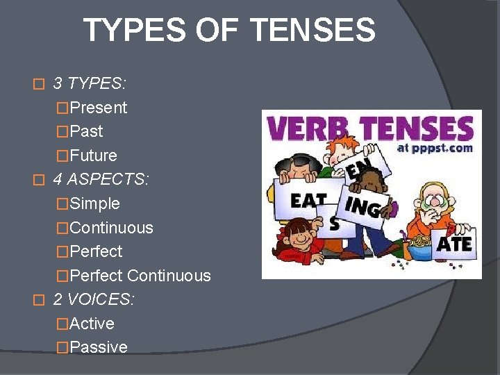 TYPES OF TENSES 3 TYPES: �Present �Past �Future � 4 ASPECTS: �Simple �Continuous �Perfect