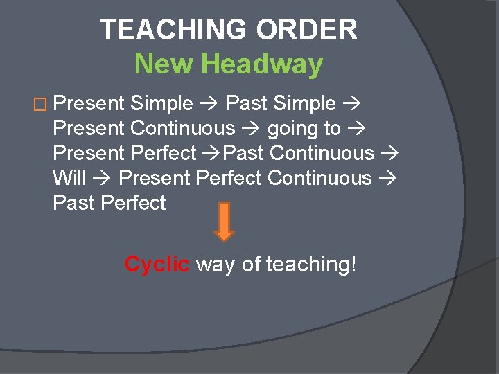 TEACHING ORDER New Headway � Present Simple Past Simple Present Continuous going to Present