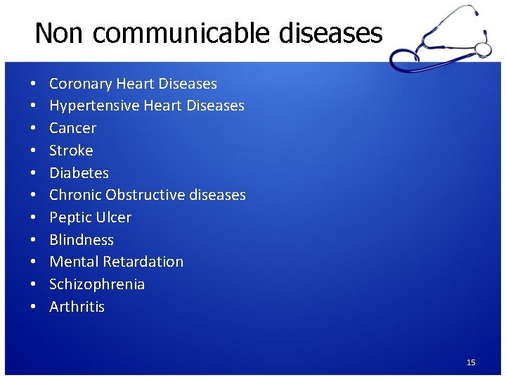 Non communicable diseases • • • Coronary Heart Diseases Hypertensive Heart Diseases Cancer Stroke