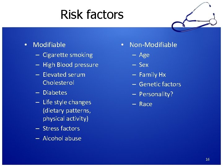 Risk factors • Modifiable – Cigarette smoking – High Blood pressure – Elevated serum