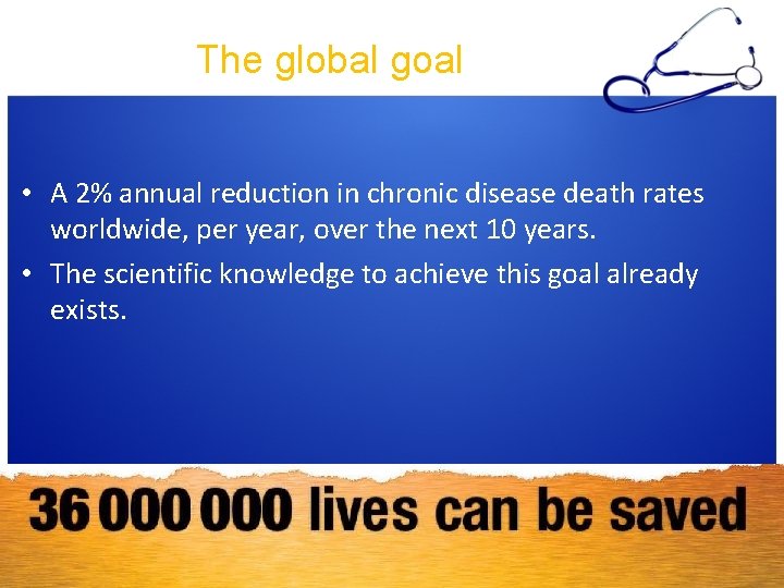 The global goal • A 2% annual reduction in chronic disease death rates worldwide,