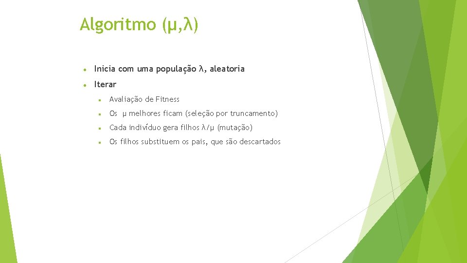 Algoritmo (µ, λ) Inicia com uma população λ, aleatoria Iterar Avaliação de Fitness Os