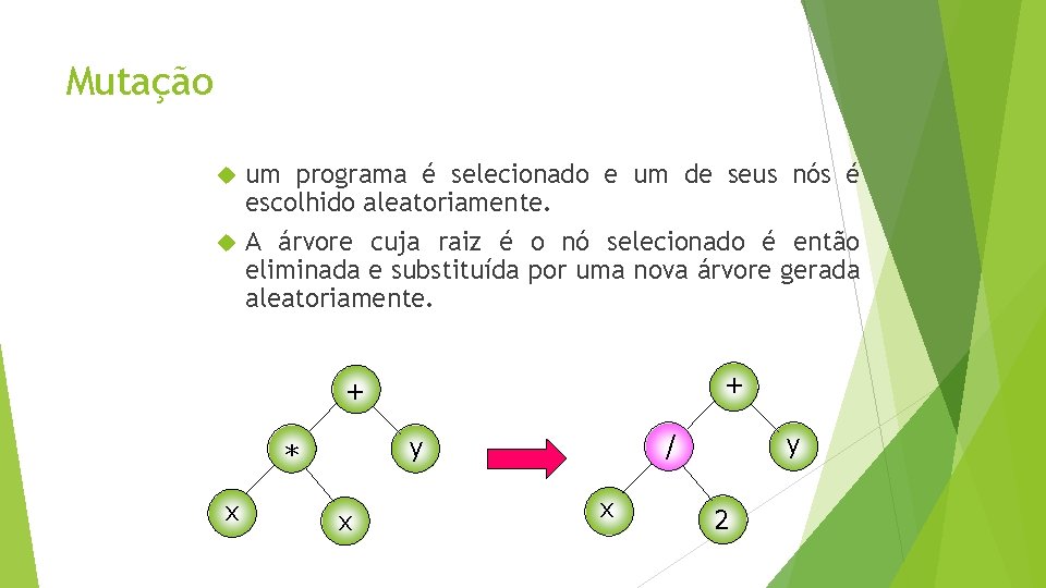 Mutação um programa é selecionado e um de seus nós é escolhido aleatoriamente. A