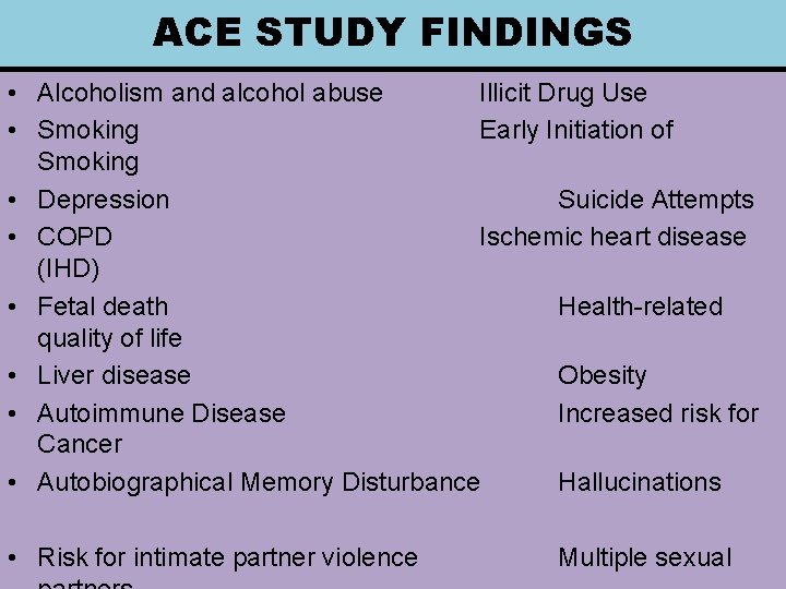 ACE STUDY FINDINGS • Alcoholism and alcohol abuse Illicit Drug Use • Smoking Early