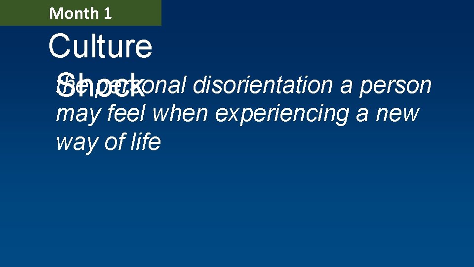 Month 1 Culture the personal disorientation a person Shock may feel when experiencing a