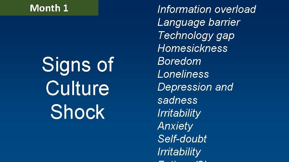 Month 1 Signs of Culture Shock Information overload Language barrier Technology gap Homesickness Boredom