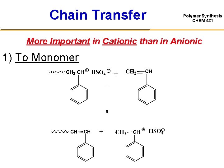 Chain Transfer Polymer Synthesis CHEM 421 More Important in Cationic than in Anionic 1)