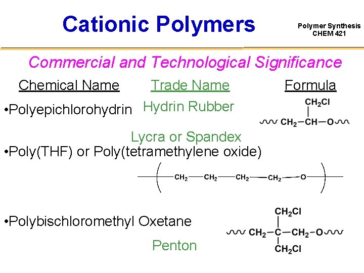 Cationic Polymers Polymer Synthesis CHEM 421 Commercial and Technological Significance Chemical Name Trade Name