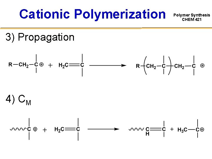 Cationic Polymerization 3) Propagation 4) CM Polymer Synthesis CHEM 421 