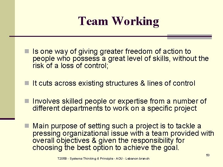 Team Working n Is one way of giving greater freedom of action to people