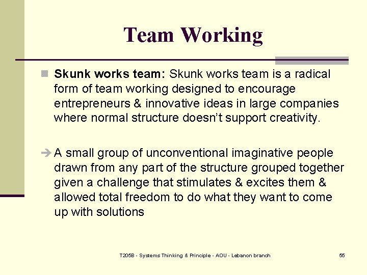 Team Working n Skunk works team: Skunk works team is a radical form of