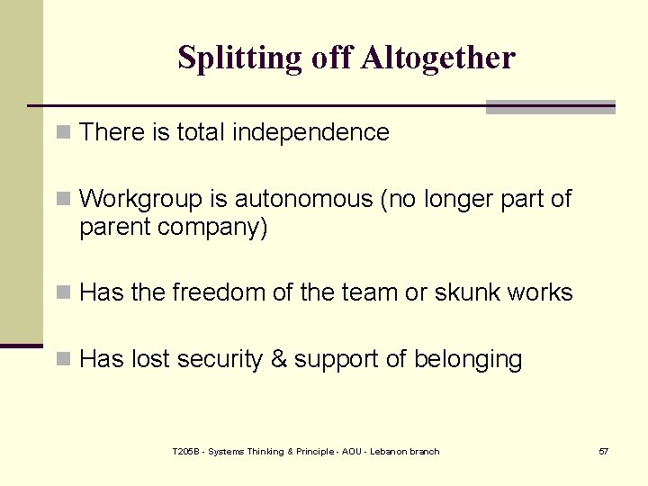 Splitting off Altogether n There is total independence n Workgroup is autonomous (no longer
