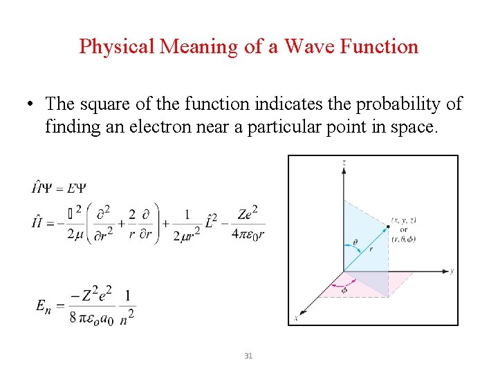 Physical Meaning of a Wave Function • The square of the function indicates the