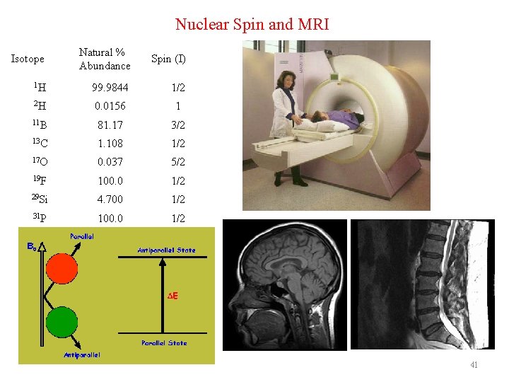 Nuclear Spin and MRI Isotope Natural % Abundance Spin (I) 1 H 99. 9844