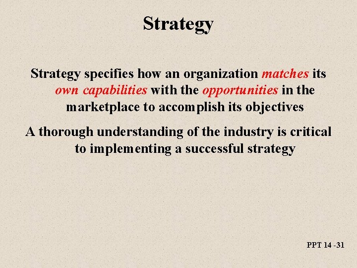 Strategy specifies how an organization matches its own capabilities with the opportunities in the