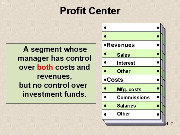 10 -7 Profit Center A segment whose manager has control over both costs and