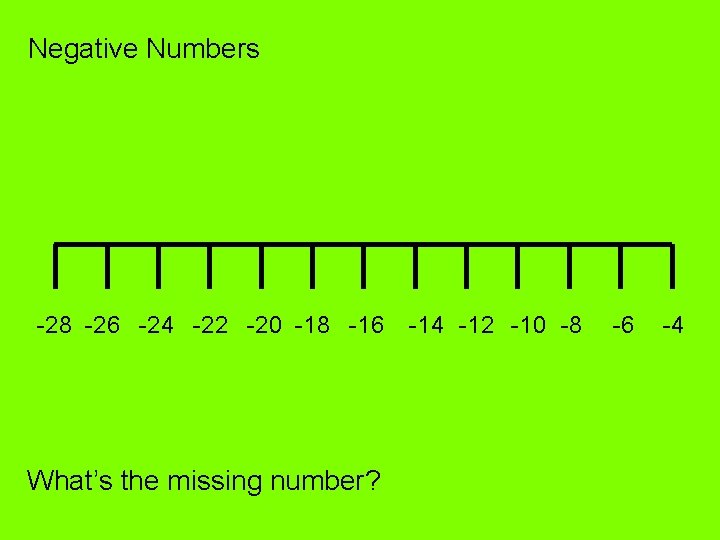 Negative Numbers -28 -26 -24 -22 -20 -18 -16 What’s the missing number? -14