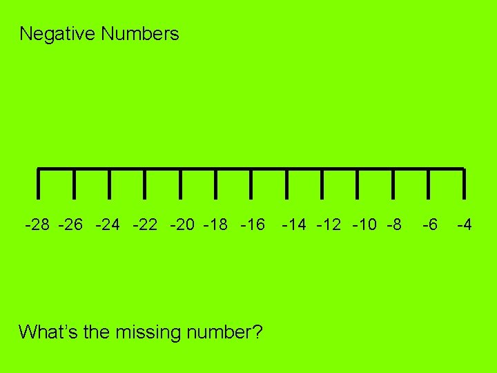 Negative Numbers -28 -26 -24 -22 -20 -18 -16 What’s the missing number? -14