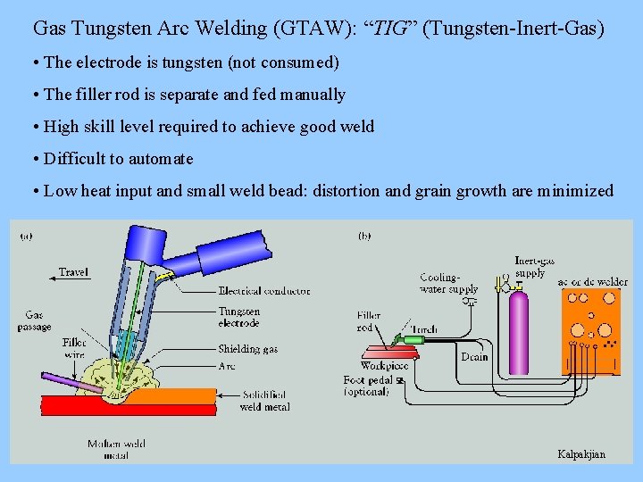 Gas Tungsten Arc Welding (GTAW): “TIG” (Tungsten-Inert-Gas) • The electrode is tungsten (not consumed)