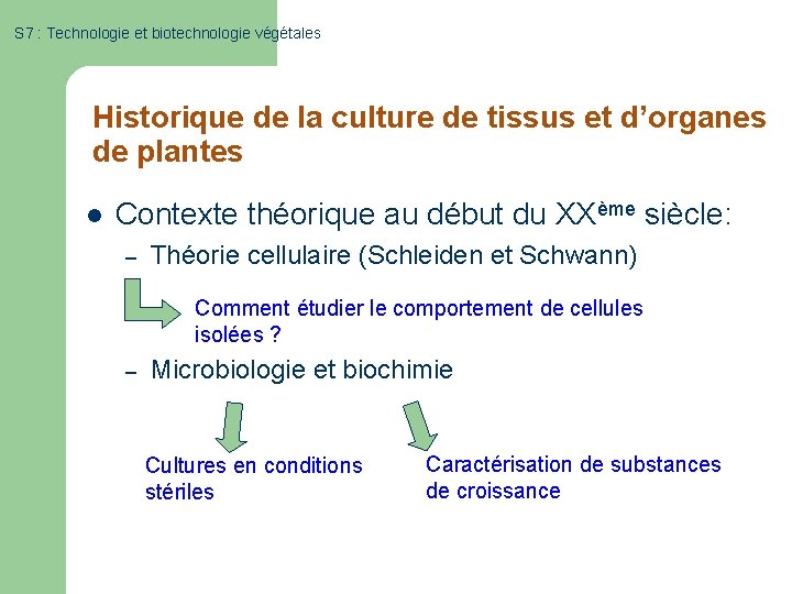 S 7 : Technologie et biotechnologie végétales Historique de la culture de tissus et