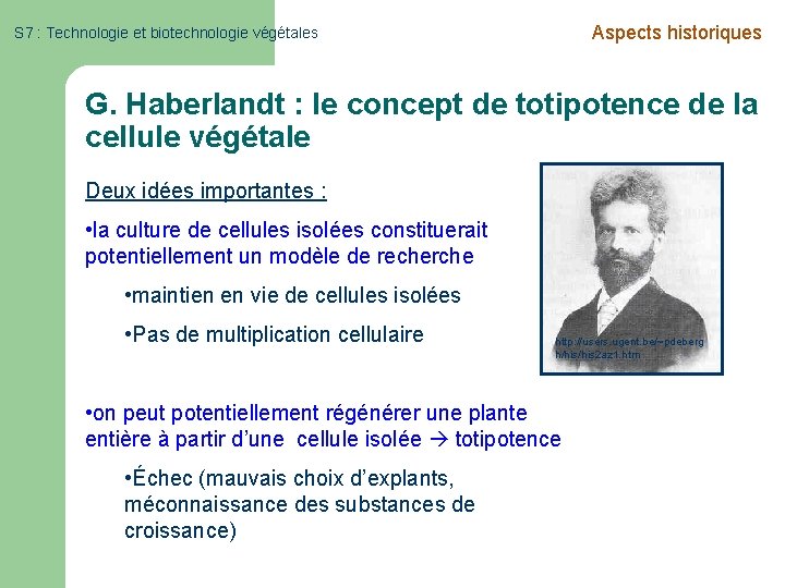 Aspects historiques S 7 : Technologie et biotechnologie végétales G. Haberlandt : le concept